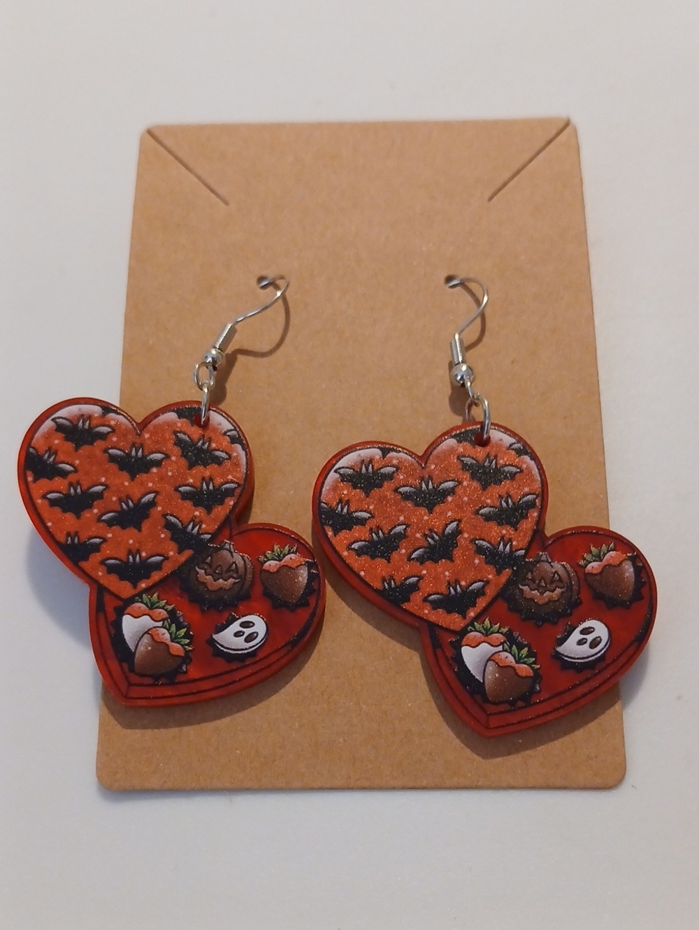 Fashion Jewelry Orange & Black Bat Heart Dangle Earrings